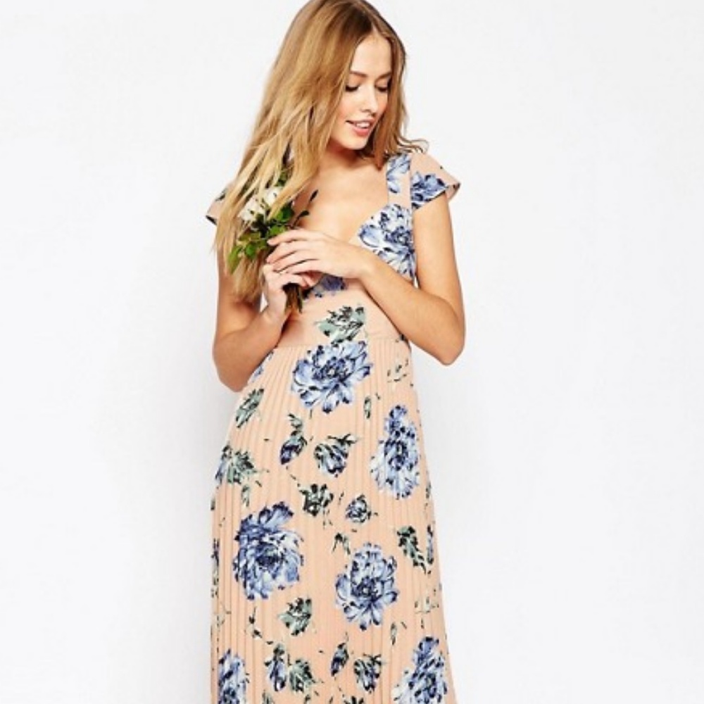 ASOS Lace Back Pleated Maxi Print Dress